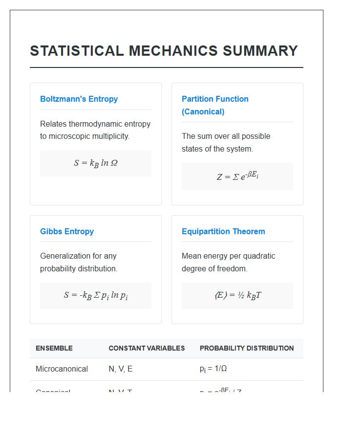 Statistical Mechanics Laws Summary Printable Chart