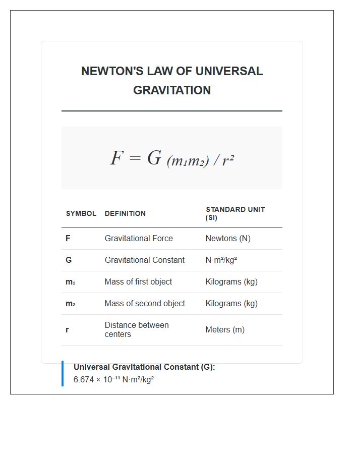 Universal Gravitation Law Summary Printable Chart