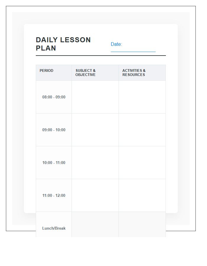Daily Teacher Lesson Planning Printable Chart