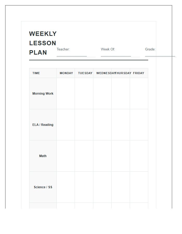 Elementary Teacher Lesson Planning Printable Chart