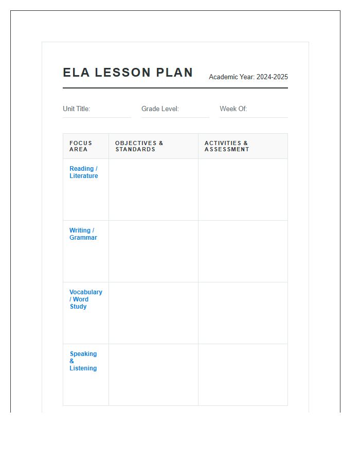 English Language Arts Teacher Lesson Planning Printable Chart