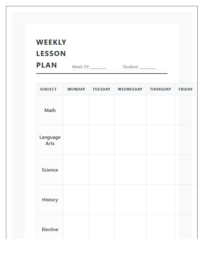 Homeschool Teacher Lesson Planning Printable Chart
