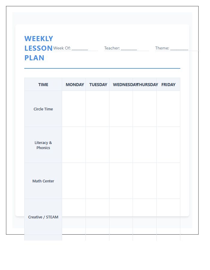 Kindergarten Teacher Lesson Planning Printable Chart