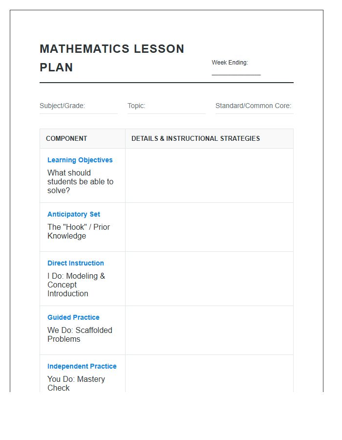 Mathematics Teacher Lesson Planning Printable Chart