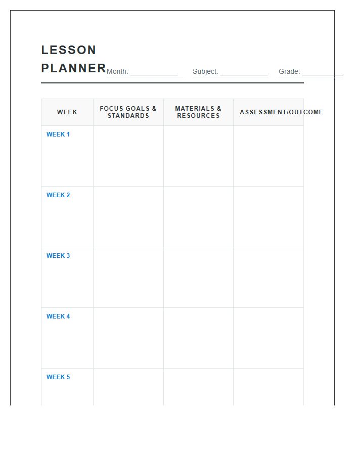 Monthly Teacher Lesson Planning Printable Chart