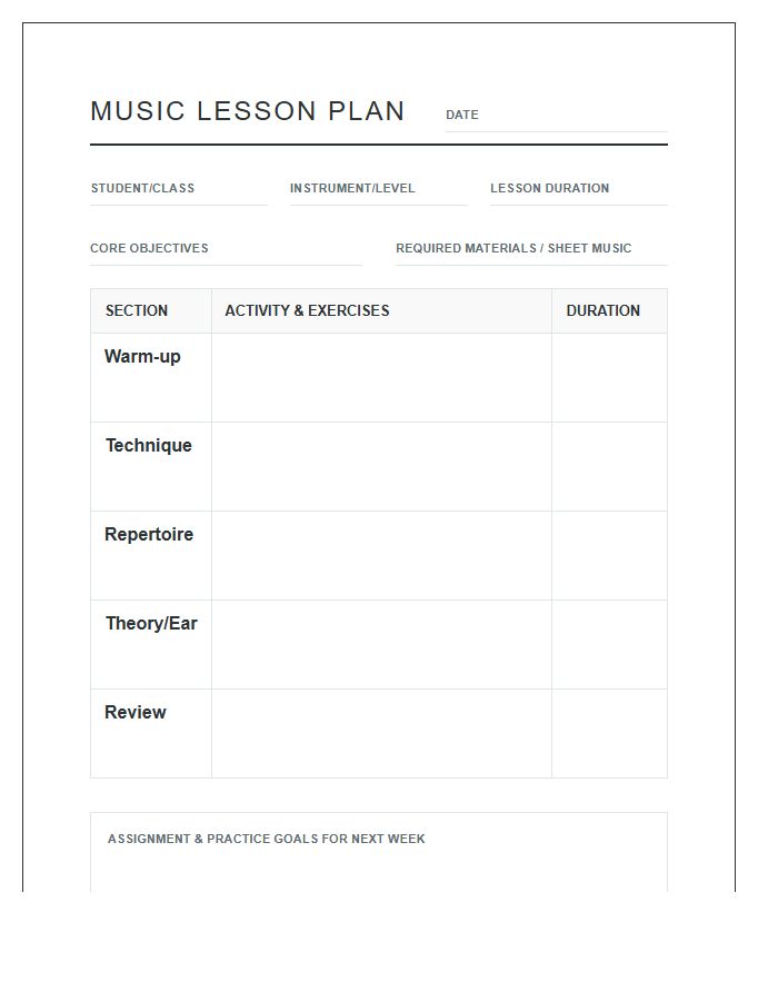 Music Teacher Lesson Planning Printable Chart