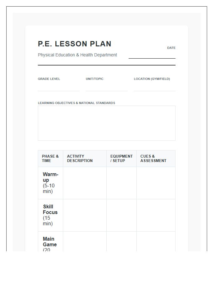 Physical Education Teacher Lesson Planning Printable Chart