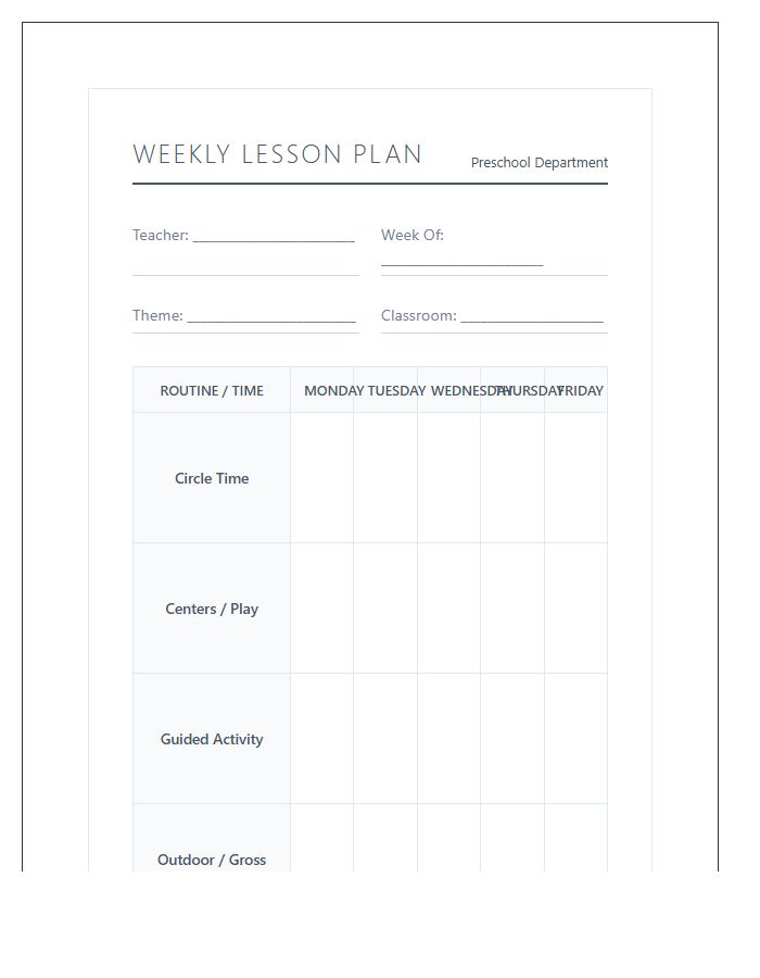 Preschool Teacher Lesson Planning Printable Chart