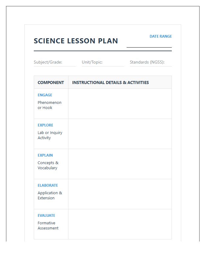 Science Teacher Lesson Planning Printable Chart