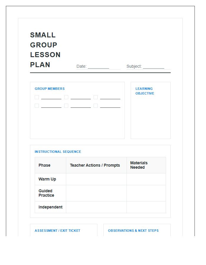 Small Group Teacher Lesson Planning Printable Chart