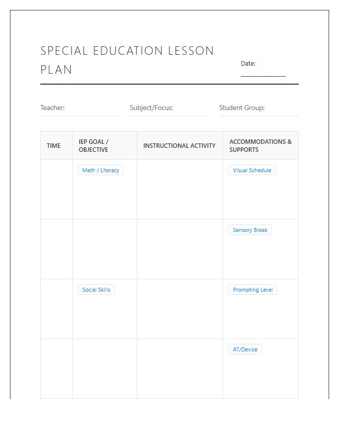 Special Education Teacher Lesson Planning Printable Chart