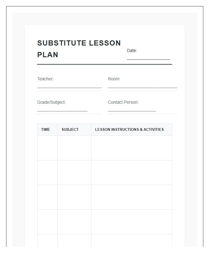 Substitute Teacher Lesson Planning Printable Chart