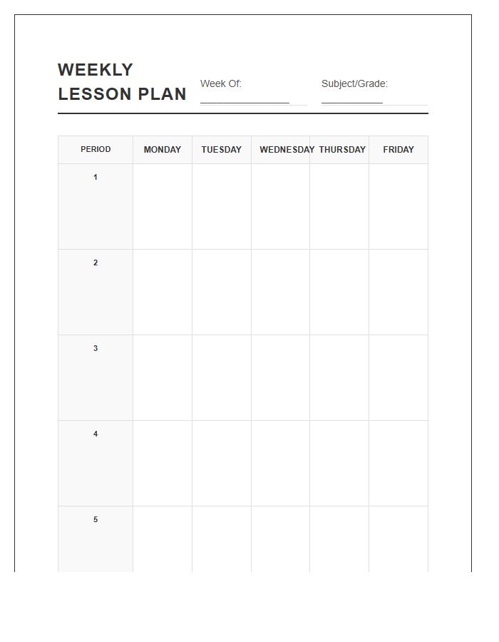 Weekly Teacher Lesson Planning Printable Chart