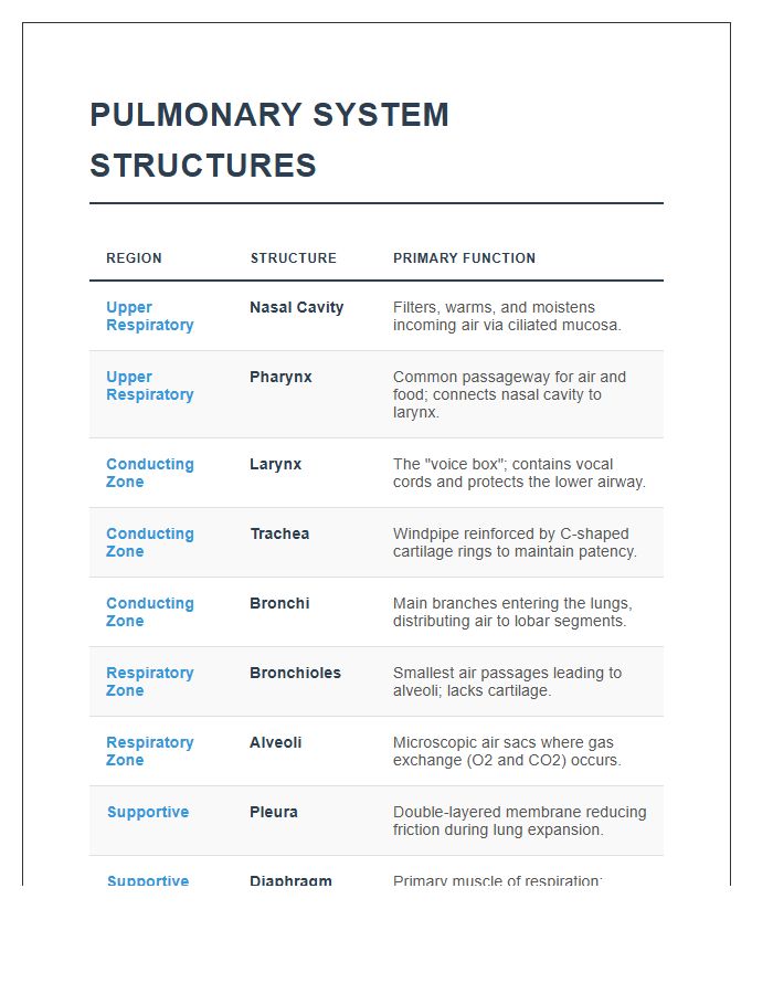 Pulmonary System Structures Reference Printable Chart