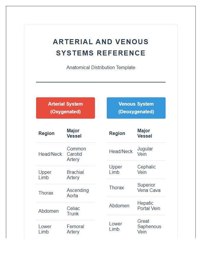 Arterial And Venous Systems Printable Chart