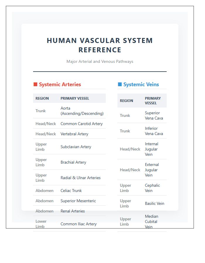 Comprehensive Human Vascular Anatomy Printable Chart