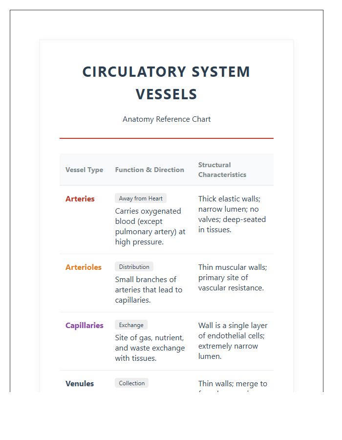 Human Circulatory System Vessels Printable Chart