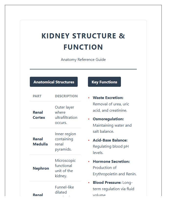 Kidney Structure And Function Printable Chart