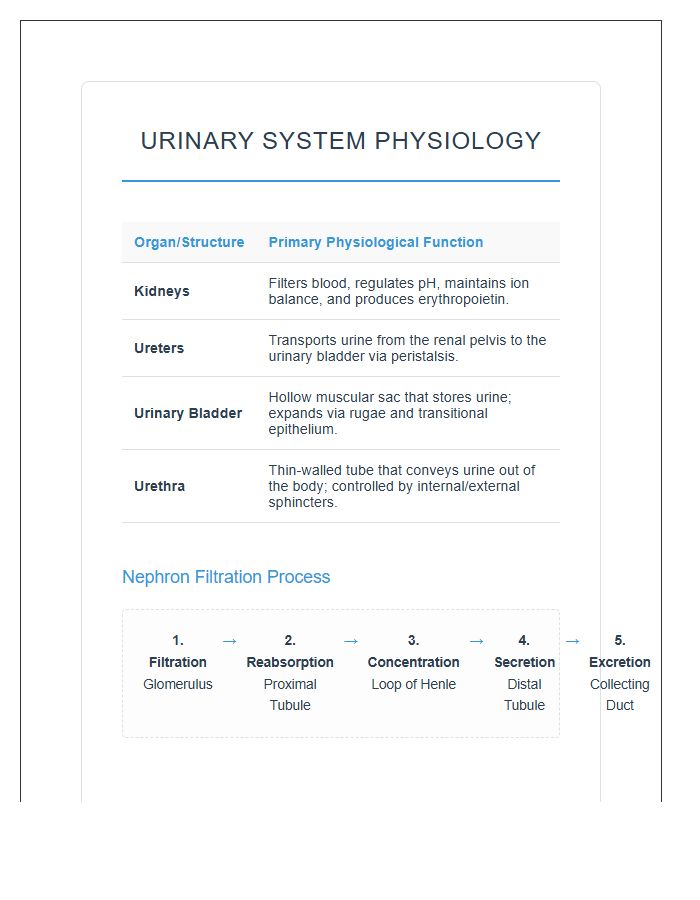 Urinary System Physiology Printable Chart