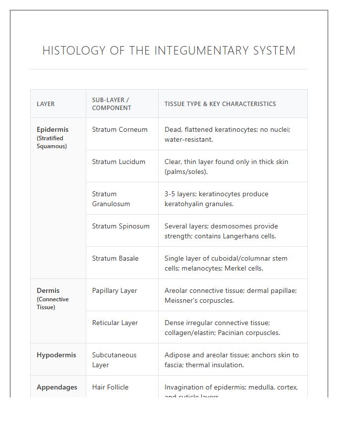 Histology Of Integumentary System Printable Chart