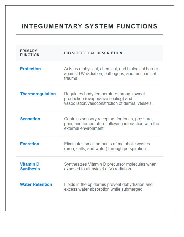 Integumentary System Functions Printable Chart