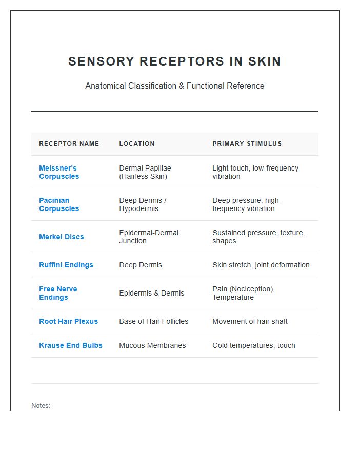Sensory Receptors In Skin Printable Chart