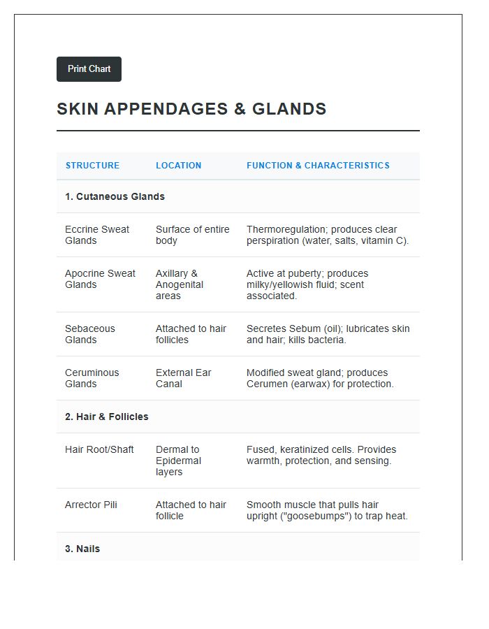 Skin Appendages And Glands Printable Chart