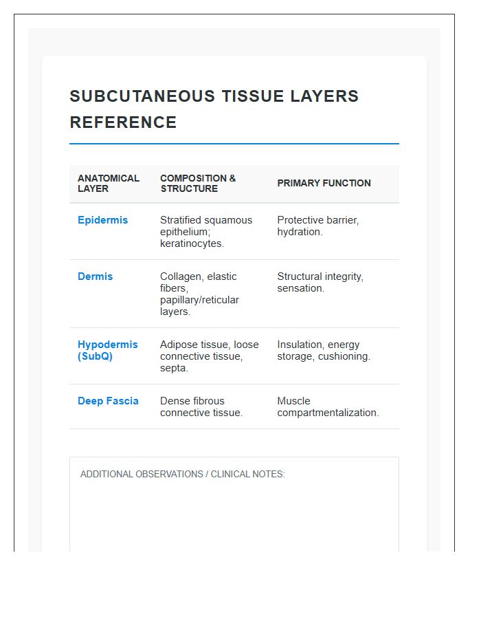 Subcutaneous Tissue Layers Printable Chart
