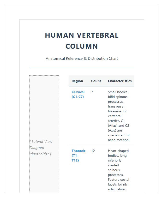 Detailed Human Vertebral Column Printable Chart