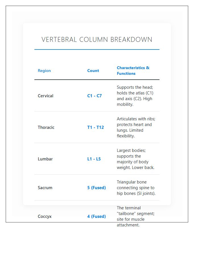 Vertebral Column Section Breakdown Printable Chart