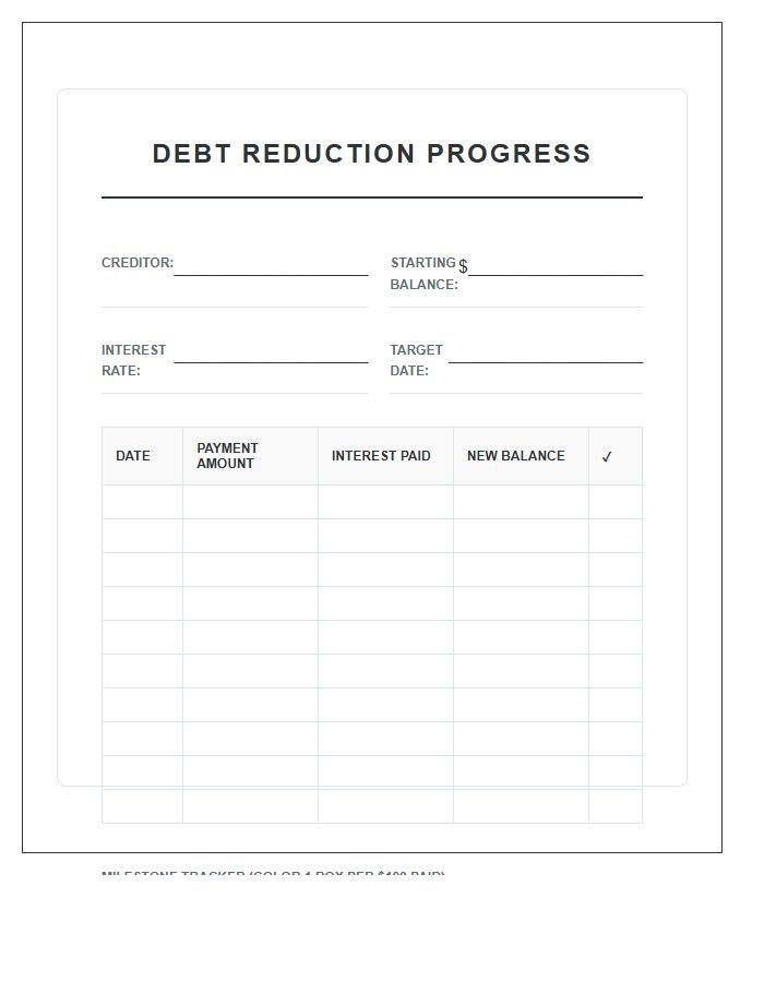 Debt Reduction Progress Printable Chart