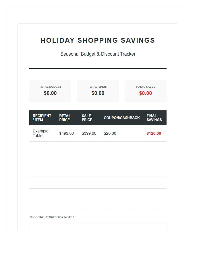 Holiday Shopping Savings Printable Chart