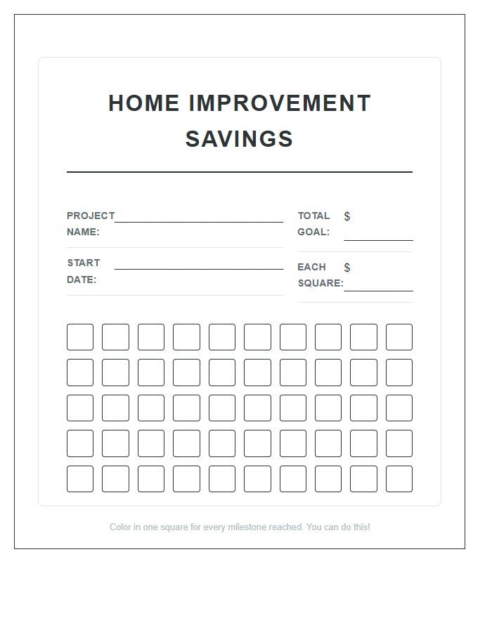 Home Improvement Savings Printable Chart