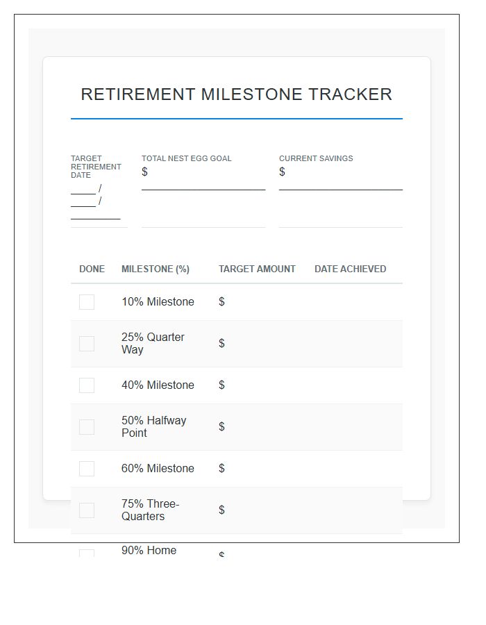 Retirement Milestone Savings Printable Chart
