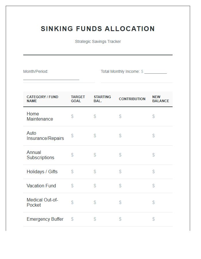 Sinking Funds Allocation Printable Chart