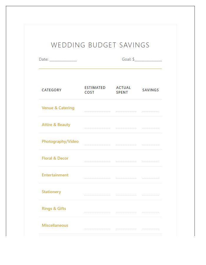 Wedding Budget Savings Printable Chart