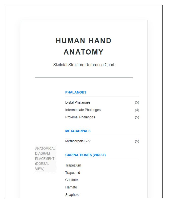 High Resolution Hand Bone Anatomy Printable Chart