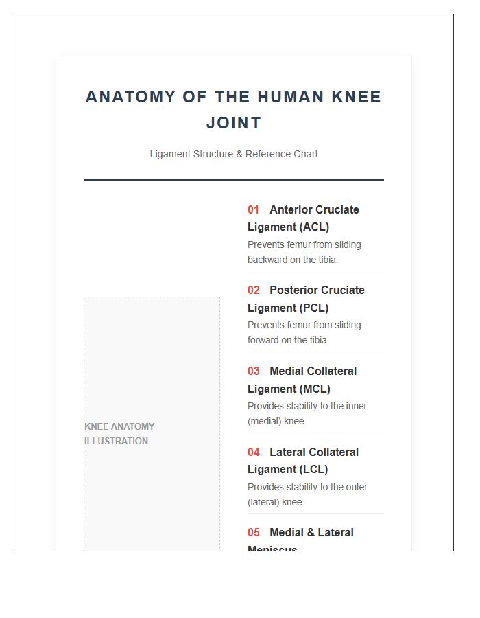 Anatomy Of The Human Knee Joint Ligament Printable Chart