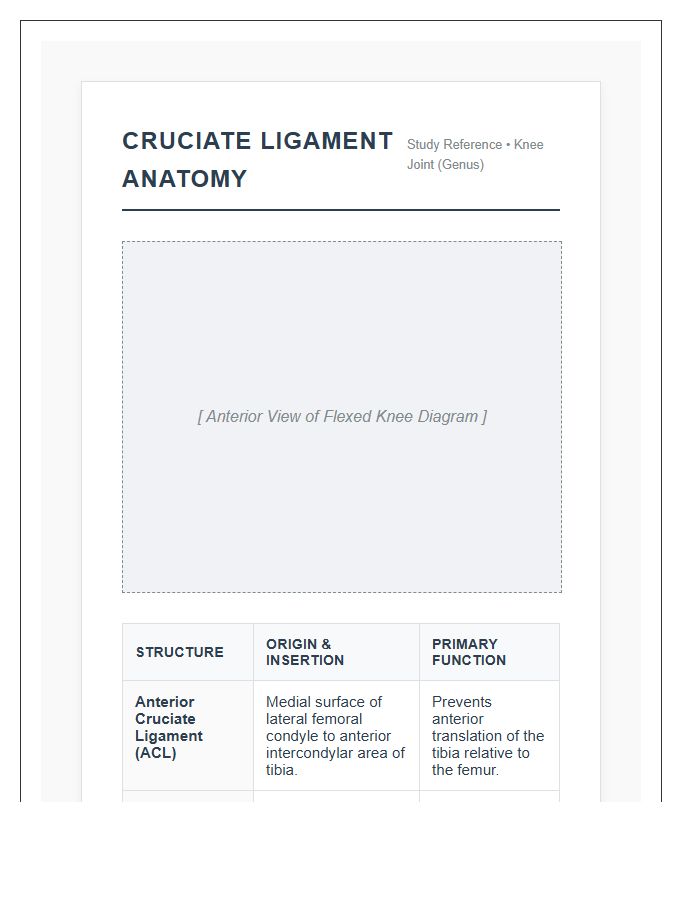 Cruciate Ligament Anatomy Study Printable Chart
