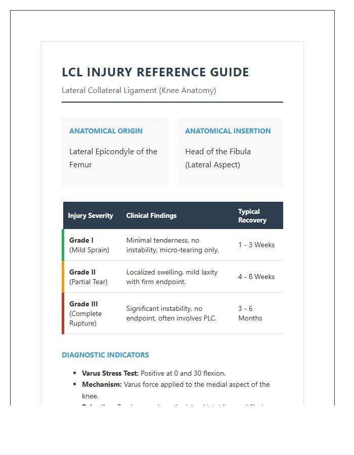 Lateral Collateral Ligament Reference Printable Chart