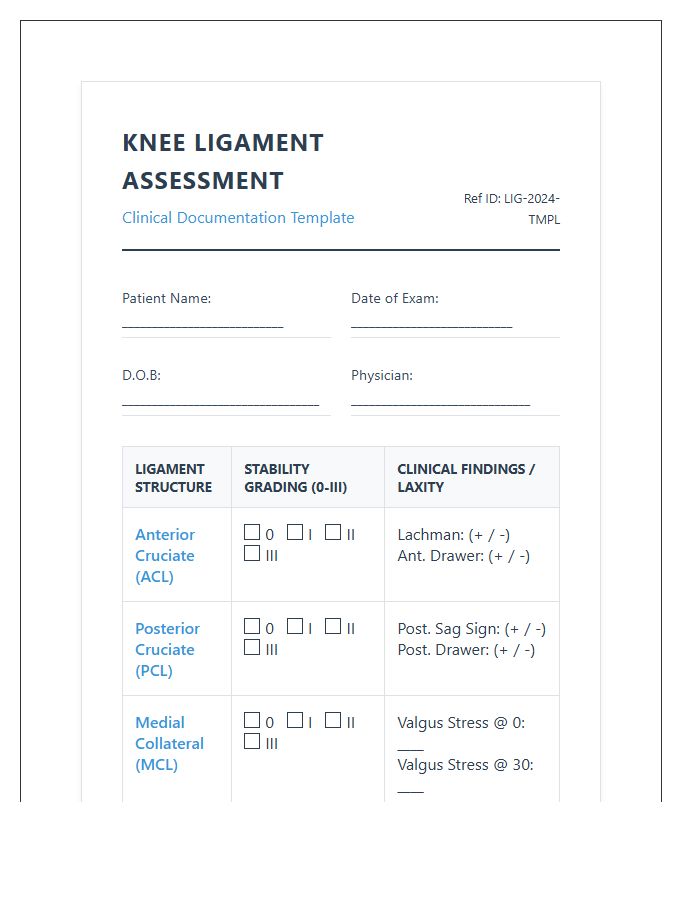 Medical Grade Knee Ligament Printable Chart
