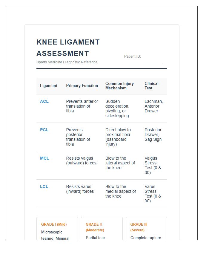 Sports Medicine Knee Ligament Printable Chart