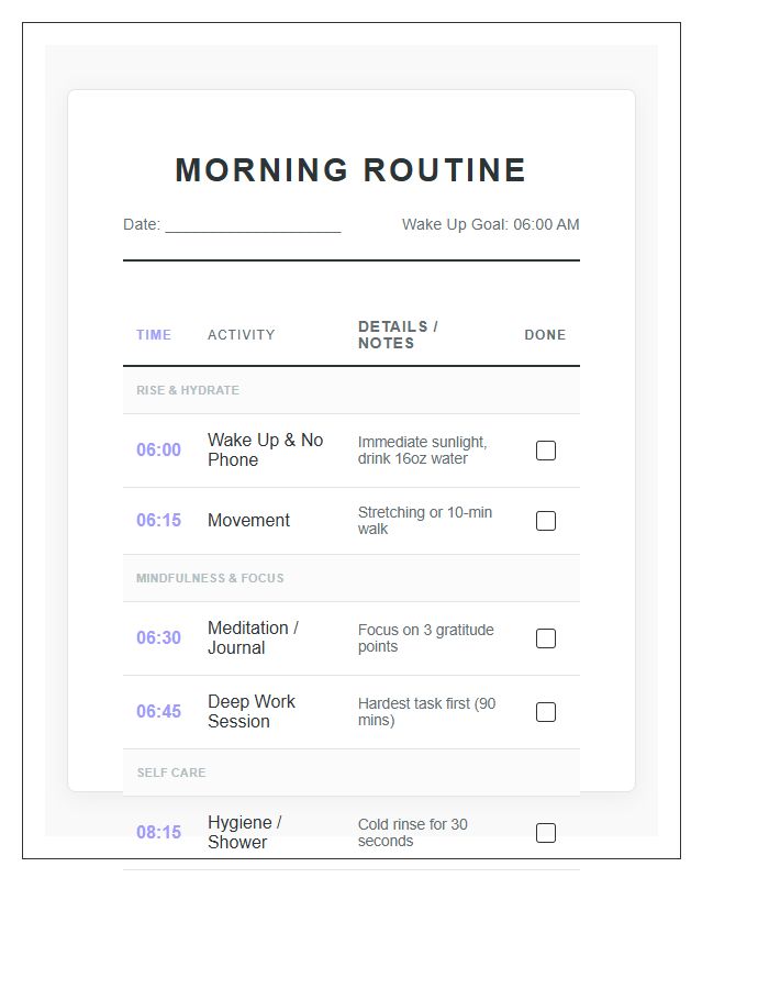 Detailed Morning Routine Printable Chart