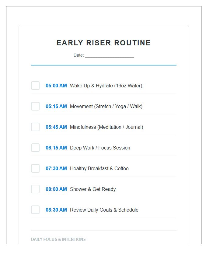 Morning Routine Printable Chart For Early Risers
