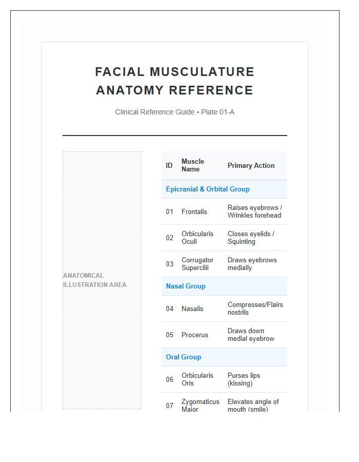 Comprehensive Facial Muscle Anatomy Printable Chart