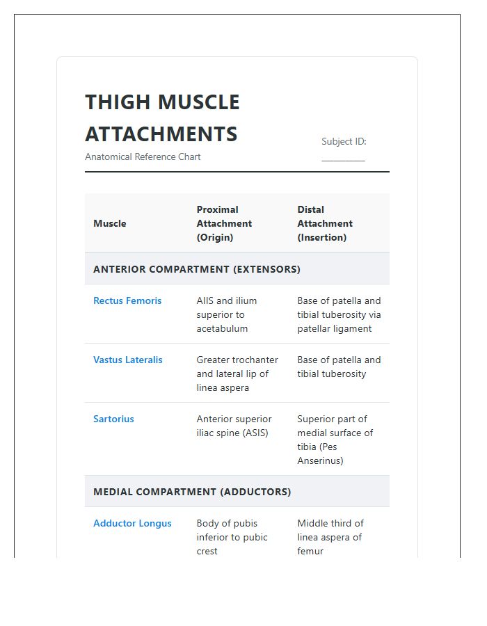 Thigh Muscle Attachment Sites Printable Chart