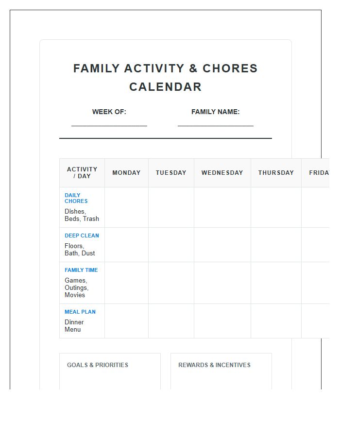 Chores And Family Activity Calendar Printable Chart