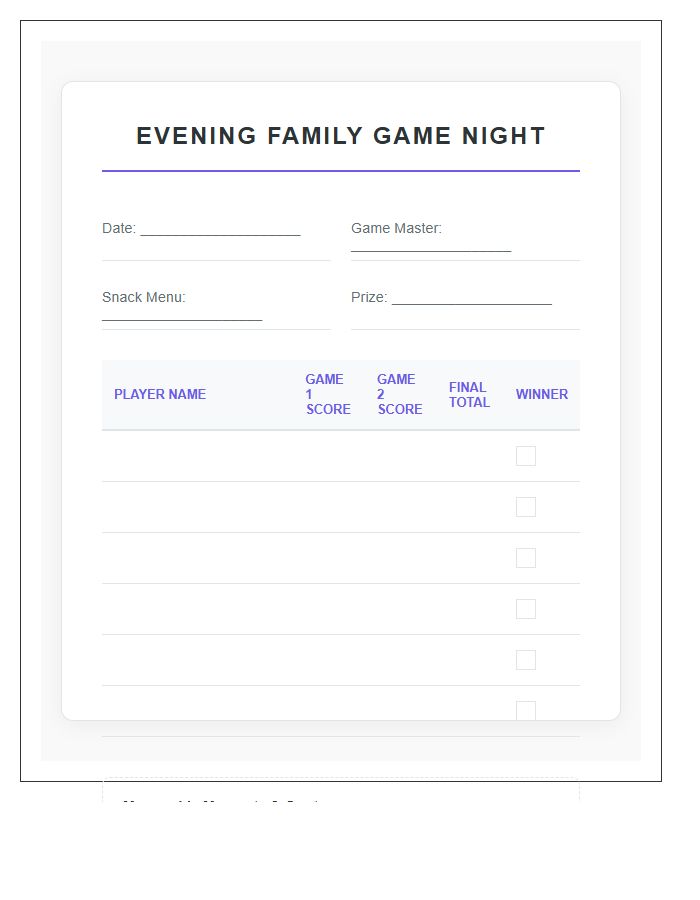 Evening Family Game Night Printable Chart