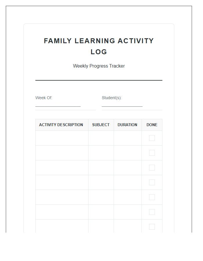 Homeschool Family Learning Activity Printable Chart