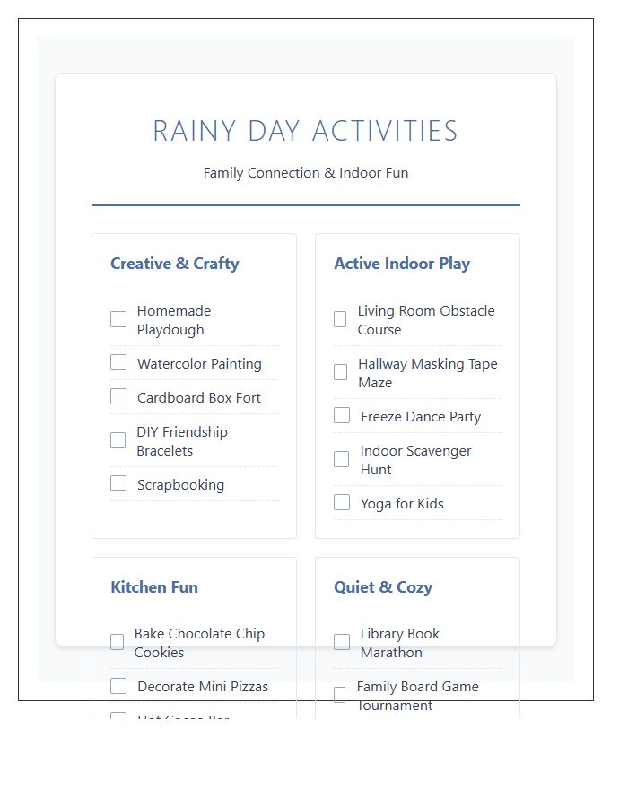 Indoor Rainy Day Family Activity Printable Chart